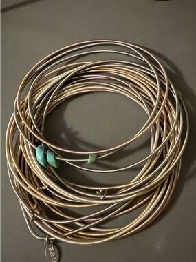 Multi-Tone Metal Bangle Set with Turquoise Bead Accent
